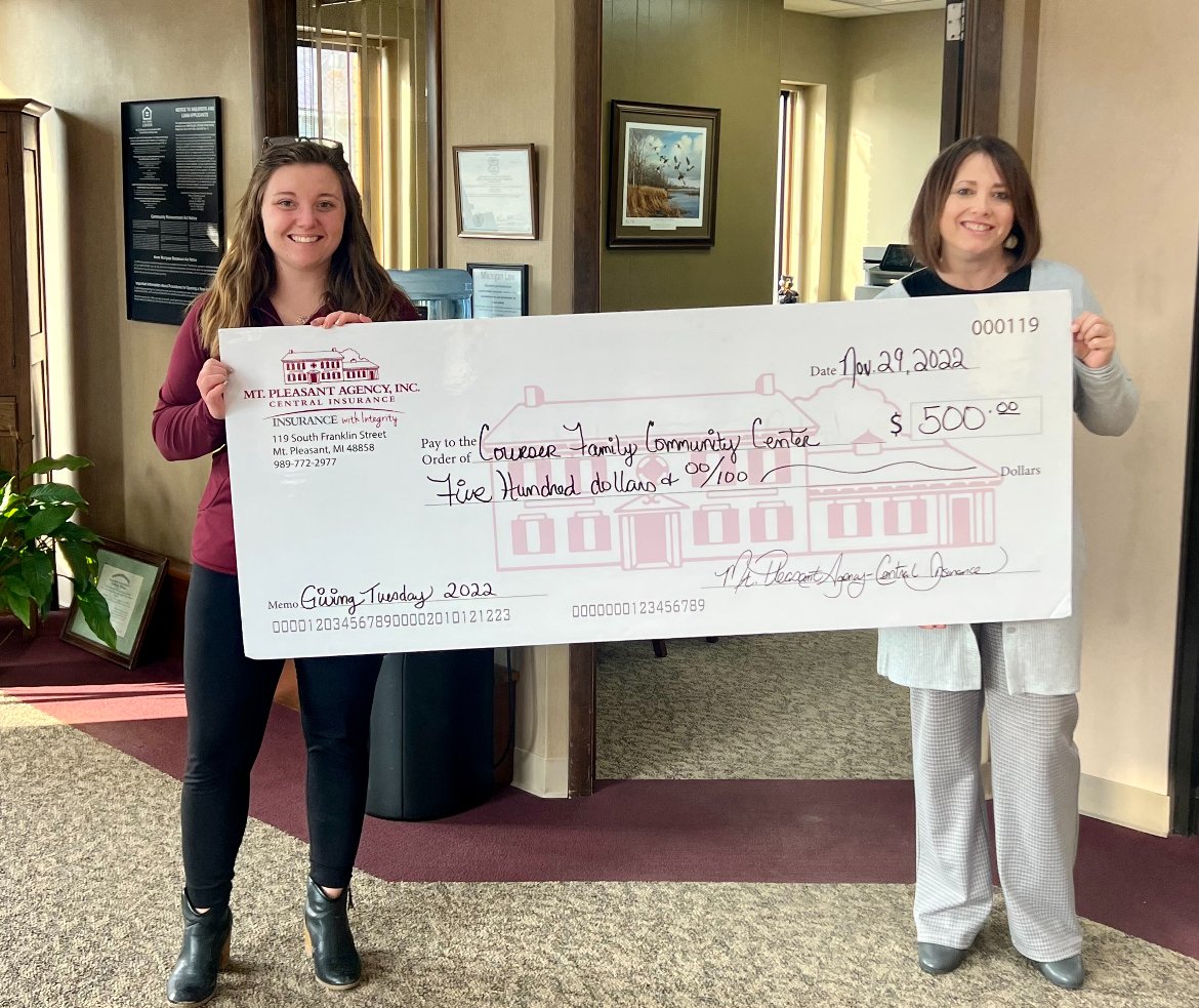 The fourth check was delivered for #MPAGivingTuesday late in the day yesterday! Meagan Huber presented the check to Tina Murray from the Courser Family Community Center, which is part of the Save the Blanchard Elementary School project. <a href="/frankenmuthins/">Frankenmuth Insurance</a> mtpleasantagency.com/GivingTuesday