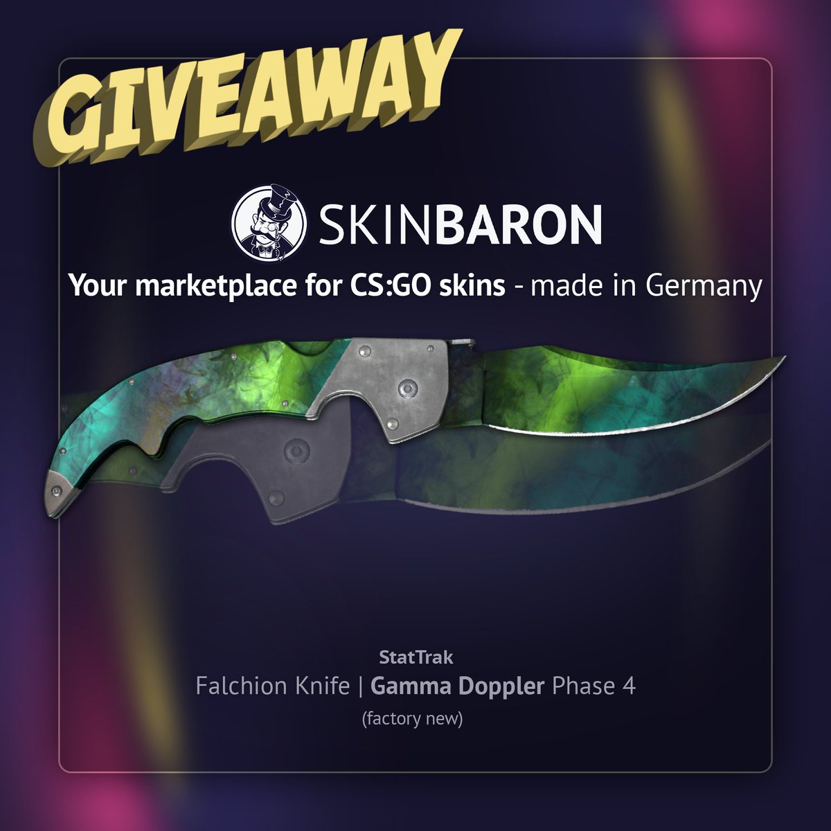 It’s about time for a giveaway, don’t you think?! 💥 As always, thanks to @SkinBaron_EN for the opportunity! 

🎁: Falchion Knife | Gamma Doppler Phase 4, FN

To enter: 

Follow: @Pimp_CSGO + <a href="/SkinBaronEN/">SkinBaron.com</a> ✅ 
RT ♻️ 

Winner will be drawn a week from now [07/12/2022]

Good luck❤️