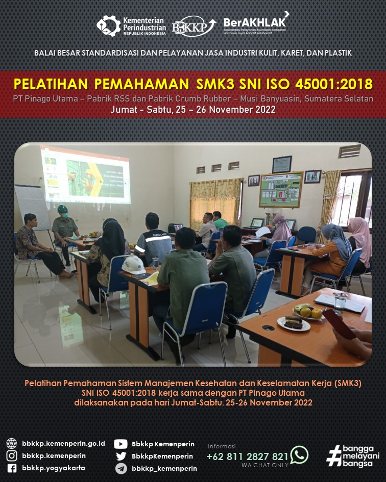 BbkkpKemenperin's tweet image. BBSPJIKKP bekerja sama dengan PT Pinago Utama menyelenggarakan Pelatihan SMK3 SNI ISO 45001:2018 selama 2 hari (25-26 Nov 2022) di Musi Banyuasin, Sumatera Selatan

#kemenperin_ri #bbspjikkp #bbkkp
#pelatihan #smk3 #iso45001
#jagaindustri #industrikita