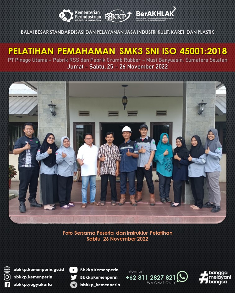 BbkkpKemenperin's tweet image. BBSPJIKKP bekerja sama dengan PT Pinago Utama menyelenggarakan Pelatihan SMK3 SNI ISO 45001:2018 selama 2 hari (25-26 Nov 2022) di Musi Banyuasin, Sumatera Selatan

#kemenperin_ri #bbspjikkp #bbkkp
#pelatihan #smk3 #iso45001
#jagaindustri #industrikita