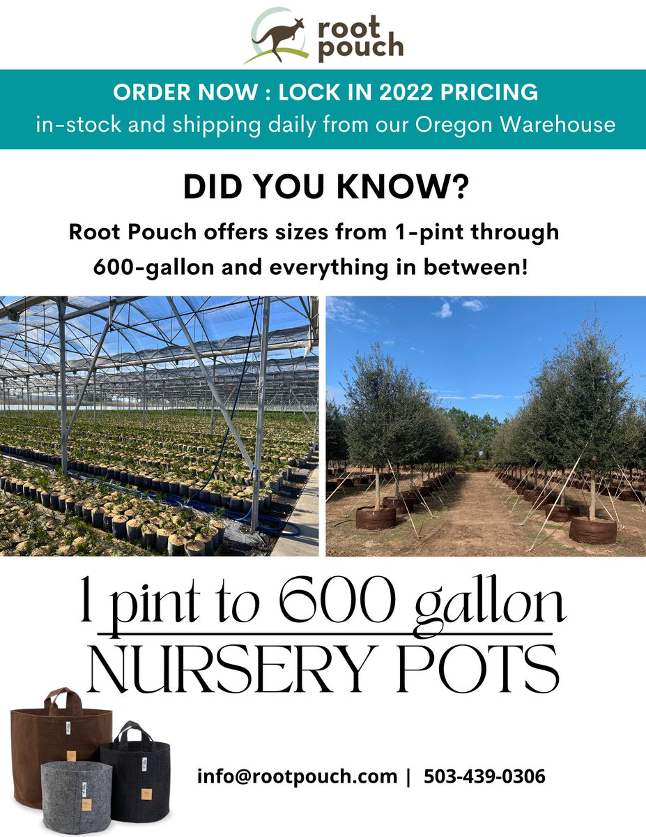 RootPouch's tweet image. Whether you grow in the biggest or smallest sizes, or somewhere in between, we have the sizes you are looking for! 

Get a quote at info@rootpouch.com, or call us at 503-439-0306. 

#nursery #greenhouse #plants