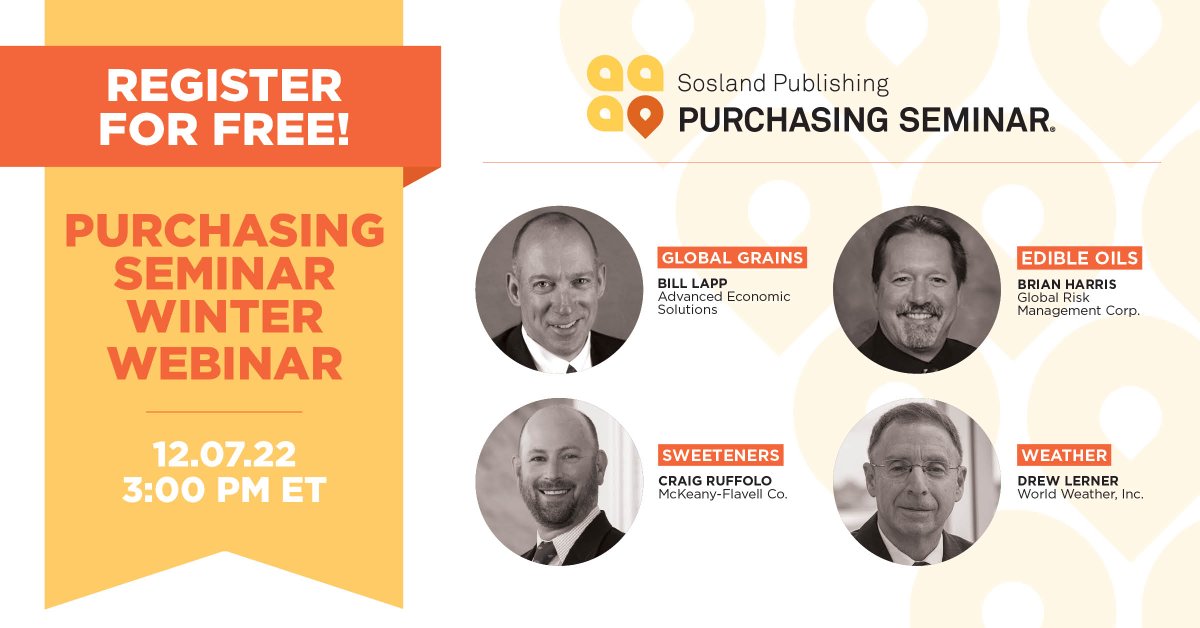Have you registered for the Purchasing Seminar Winter Webinar yet? This free event will explore the top market and weather challenges facing ingredient purchasers in 2023. Register here for free: ow.ly/v2v350Lo6oq 

#PurchasingSeminar #markets