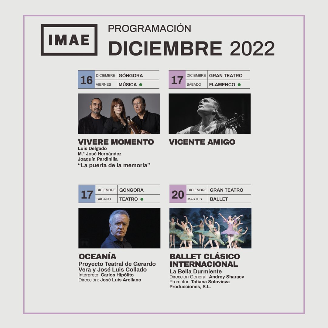IMAECordoba's tweet photo. 🎭 En diciembre, Teatro, música, danza y mucho espectáculo en los #TeatrosdeCórdoba. ¡No te lo pierdas!
🎟 Hazte ya con las localidades para ver tus espectáculos favoritos en nuestra web: https://t.co/mWfmHaSXO3
#teatro #ButacaFamiliar #BienvenidoDiciembre https://t.co/E4mUD0iHO3