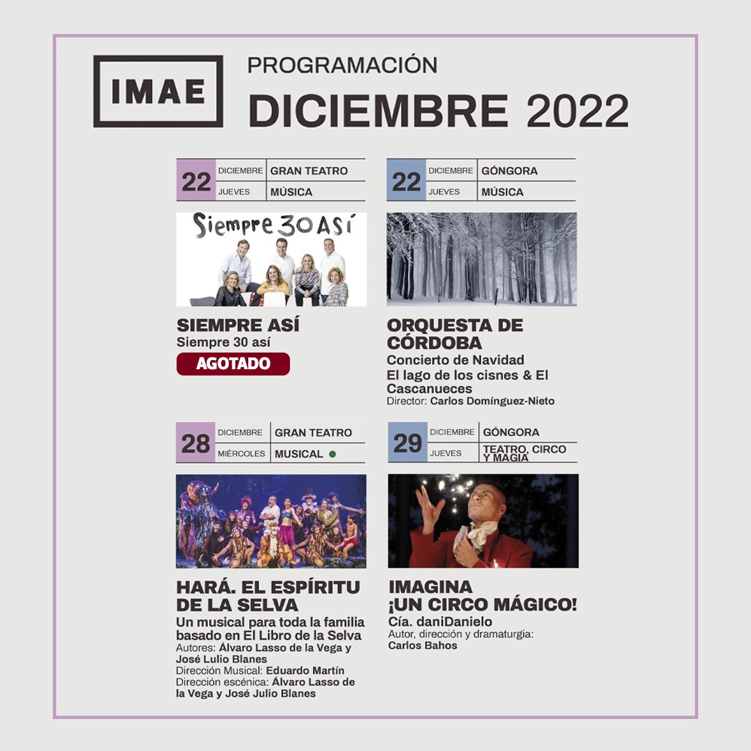 IMAECordoba's tweet photo. 🎭 En diciembre, Teatro, música, danza y mucho espectáculo en los #TeatrosdeCórdoba. ¡No te lo pierdas!
🎟 Hazte ya con las localidades para ver tus espectáculos favoritos en nuestra web: https://t.co/mWfmHaSXO3
#teatro #ButacaFamiliar #BienvenidoDiciembre https://t.co/E4mUD0iHO3