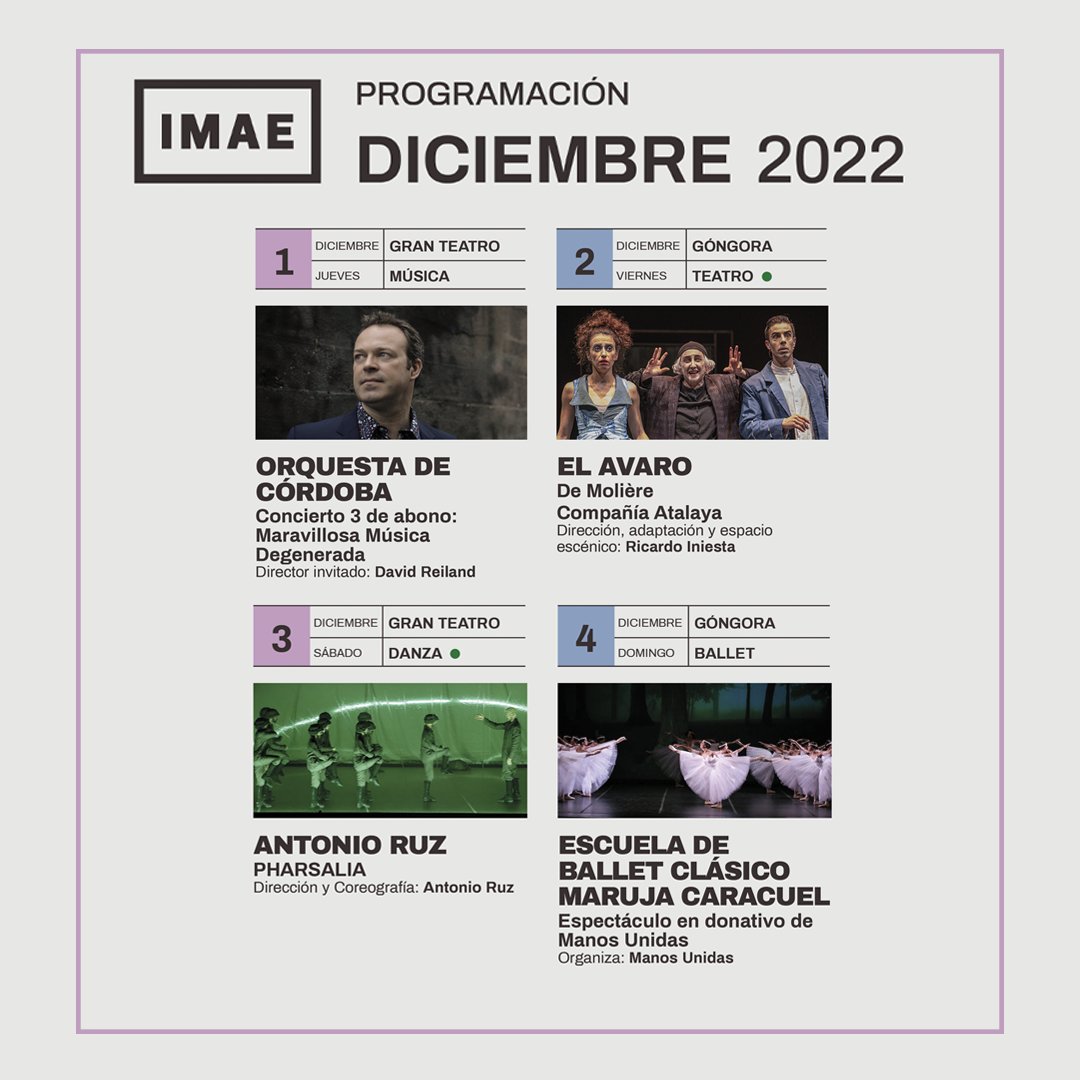 IMAECordoba's tweet photo. 🎭 En diciembre, Teatro, música, danza y mucho espectáculo en los #TeatrosdeCórdoba. ¡No te lo pierdas!
🎟 Hazte ya con las localidades para ver tus espectáculos favoritos en nuestra web: https://t.co/mWfmHaSXO3
#teatro #ButacaFamiliar #BienvenidoDiciembre https://t.co/E4mUD0iHO3