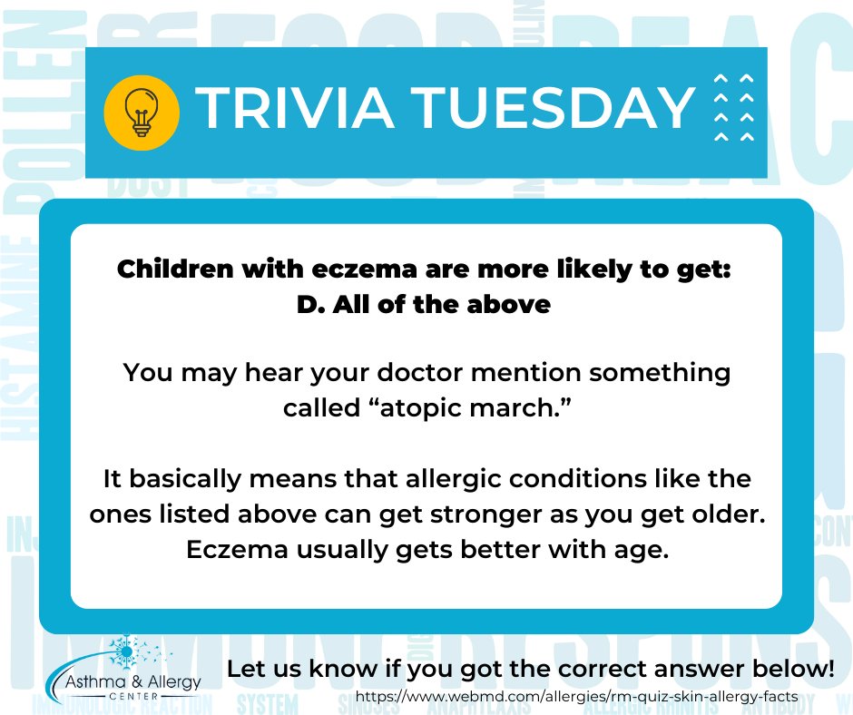 AsthmaAllergyVA's tweet image. Were you right?  Did you choose D?

#allergy #AACVA #TriviaTuesdayAnswer #allergist #RoanokeVa #eczema #atopicmarch
