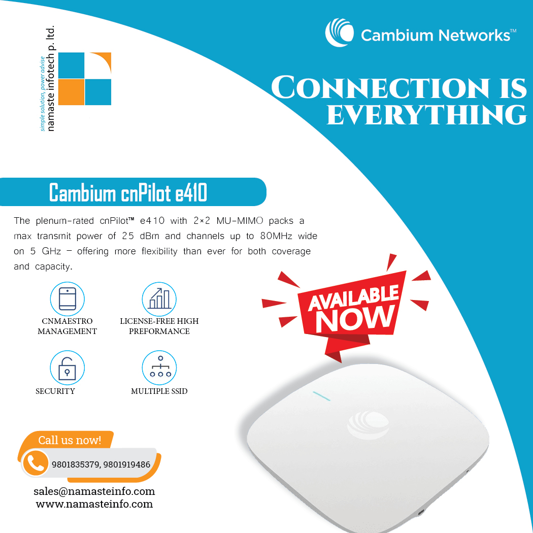 LtdNamaste's tweet image. Cambium Networks cnPilot e410 Indoor Wi-Fi Access Points 802.11ac Wave 2. 

To know more about product availability contact +977 9801835379 or email us at sales@namasteinfo.com 

#wifi #wificonnection #wifiaccesspoint #wifisolutions #accesspoint #CambiumNetworks #Cambium