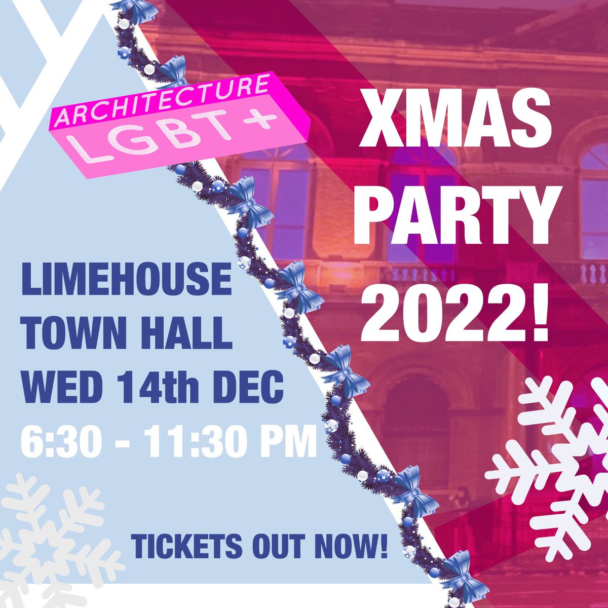 Architecture LGBT+ Xmas Party 2022 - tickets out now! 🥳🙌

Enjoy some fab live performances, DJ sets, drinks, food and much more!

• Wed 14th Dec
• 6:30pm-11:30pm
• Limehouse Town Hall

For more Info &amp; to book tickets, follow the link in our bio! 🥂🎉
