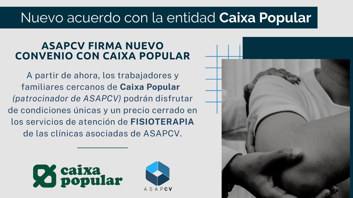 asap_cv's tweet photo. 📢 Nuevo acuerdo con la entidad @caixapopular
ASAPCV prestará el servicio de Fisioterapia de sus clínicas asociadas a los trabajadores de Caixa Popular que así lo deseen, así como a sus familiares cercanos a un precio y condiciones cerradas.
(1/2)
#ASAPCV https://t.co/g0vXFPhwQs