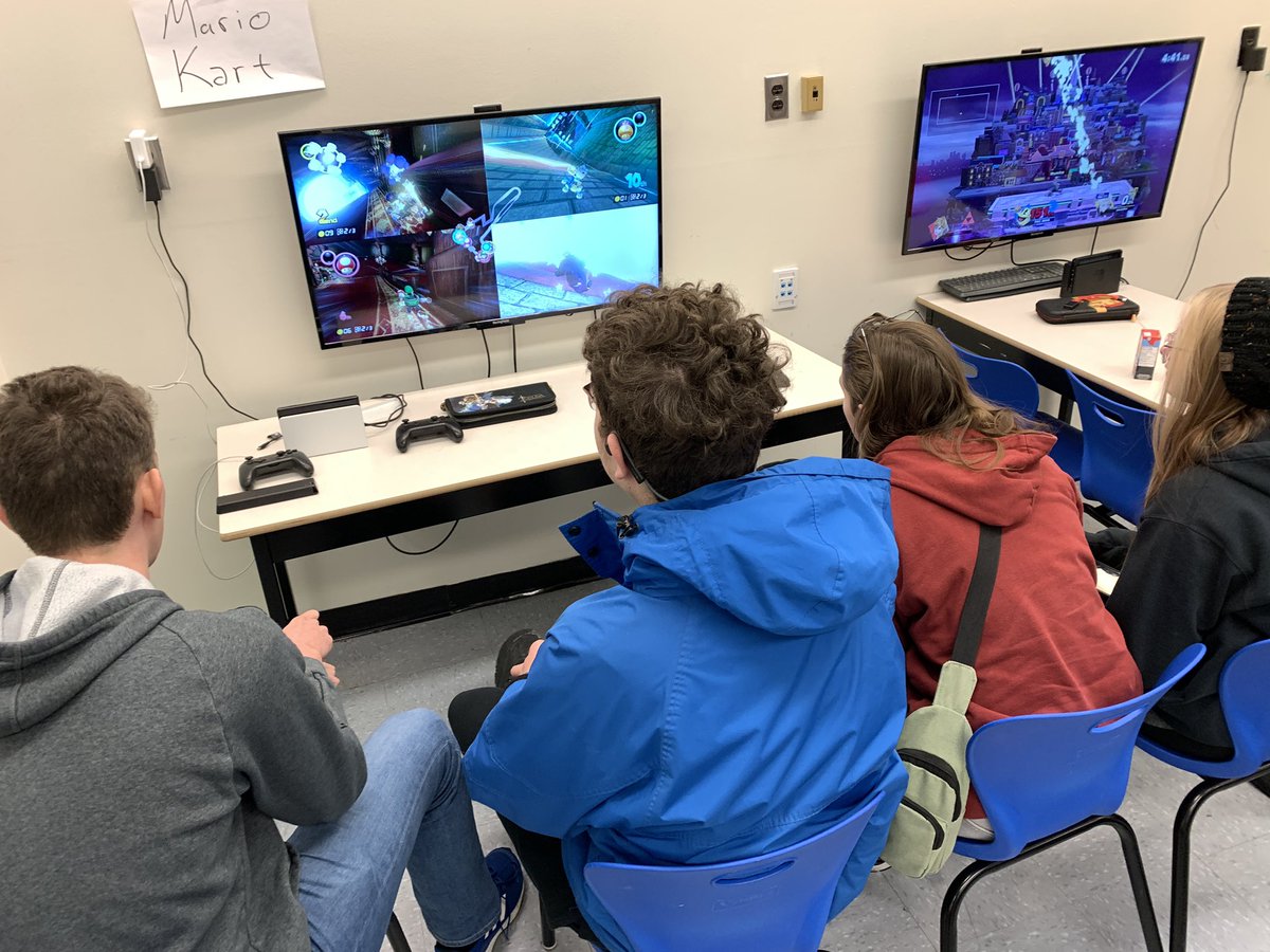 alexquilty's tweet photo. Kicking off Wellness Wednesday with a Games Club showcase. Nothing like Mario Kart and Smash Bros. to start the day https://t.co/kCtWDXhr6J