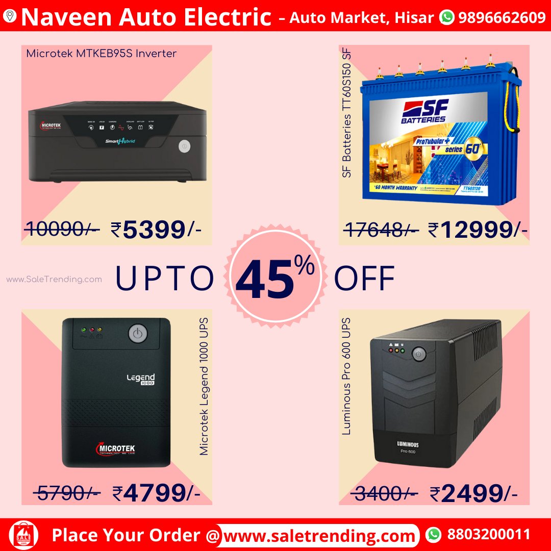 SaleTrending's tweet photo. Grab Upto 45% Off On Home Appliances @ 'Naveen Auto Electric Works', Hisar.
.
Click the store link below👇to check all offers 🛍️ 
.
https://t.co/VzJGLHLU3u
.
#homeappliances #inverter #inverters #inverterbatteries #inverterbattery #ups #computerups #microtekinverters #microtekups https://t.co/sur9C51AUe