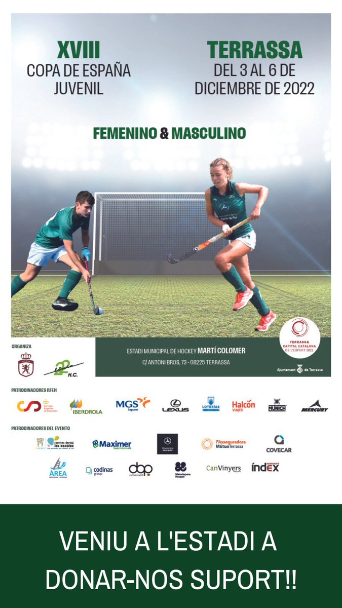 El Línia 22 organitza la Copa de España Juvenil de Hockey!!
Els propers dies 3, 4, 5 i 6 de desembre, <a href="/linia22/">Línia 22 H.C. Stern motor</a> organitza la XVIII Copa de España Juvenil de Hockey Herba a l’Estadi Municipal Martí Colomer. Desenvolupament de la competició a la web de la <a href="/rfe_hockey/">RFEH Hockey</a>