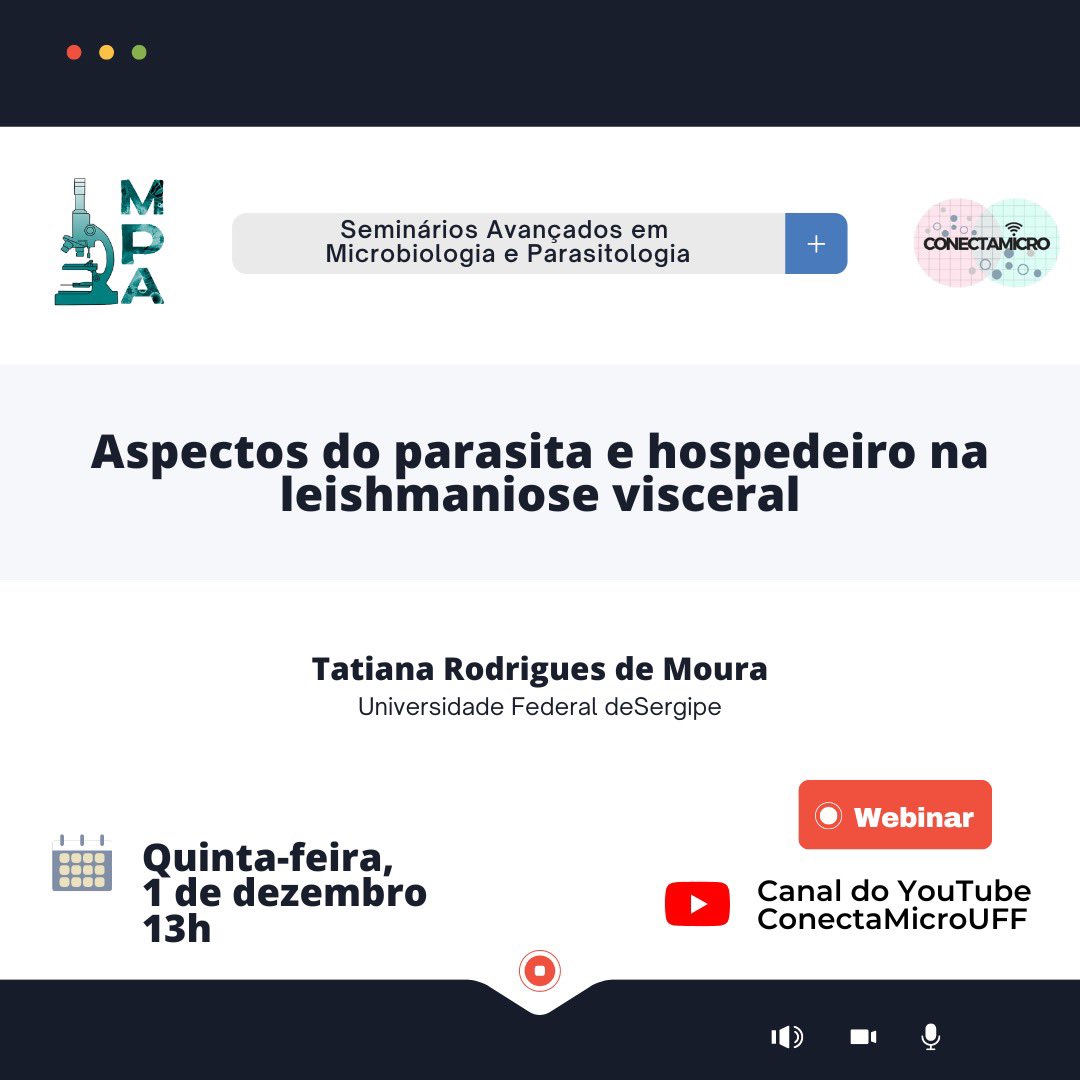 bibimpg_ufrj's tweet photo. Amanhã, dia 01/12, às 13h, ocorrerá a palestra intitulada “aspectos do parasita e hospedeiro na leishmaniose visceral”, ministrada pela Profa. Dra. Tatiana Rodrigues de Moura (UFS).
Link para acesso: https://t.co/CHwL2oCBCN
#microbiologia #parasitologia #leishmaniose #impg https://t.co/qkXK4yLwRq