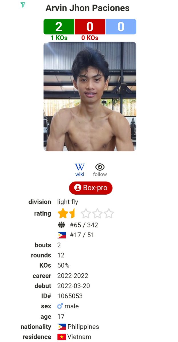 AJArietaPH's tweet photo. 17 YEAR OLD FILIPINO LIGHT FLYWEIGHT KID IS A BOXING SENSATION!!!
What a sensational/ brutal knockout victory by Aj "Snipe" Paciones ๐ต๐ญ against a good opposition in Vichith Oat ๐ฐ๐ญ/๐น๐ญ (4-2) in Bangkok, Thailand.
@JakeNDaBox @OlivieriLaw @TheDeanQuinito
#TheSnipe๐ต๐ญ๐ฅ
#TheFuture https://t.co/oBx4KxfgGI