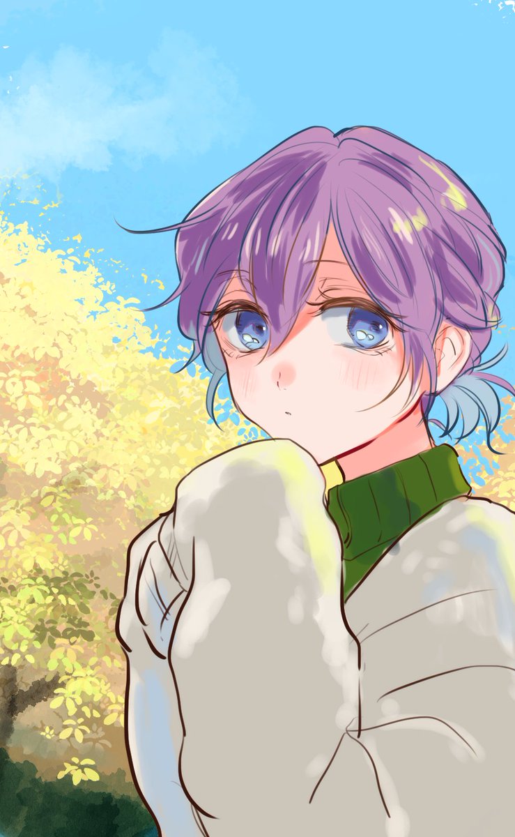blue eyes purple hair solo sweater looking at viewer sleeves past wrists blush  illustration images