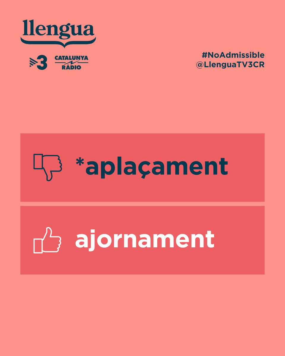 LlenguaTV3CR's tweet photo. Entre els #NoAdmissible *plaç i *aplaçar hi tenim “aplaçament”

Se’n fa un ús incorrecte en el sentit d’”ajornament”👇 

🔗https://t.co/ZYr3Uso7CR https://t.co/RV8k25fP4Y