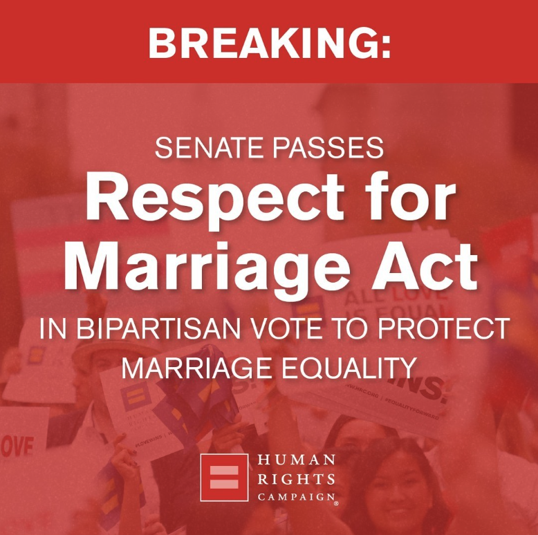 BREAKING: In a 61-36 bipartisan vote, the Respect For Marriage Act has finally passed in the Senate. Love wins! 🏳️‍🌈
.
.
.
#HumanRightsCampaign #LGBTQ #LGBT #RespectForMarriageAct #LoveIsLove #MarriageEquality #HRCNewEngland