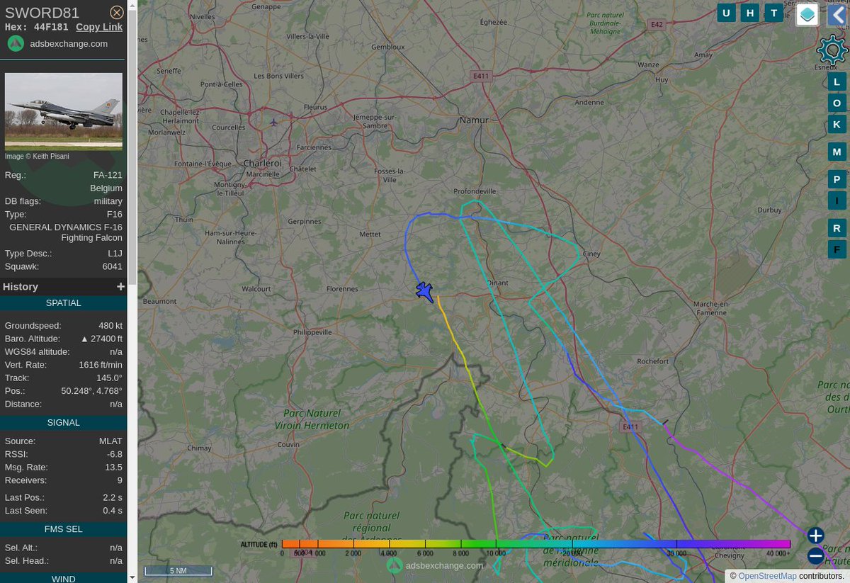 Radar_Assistant's tweet image. MULTI ADSBX VERTICAL MANOEUVRING ALERT : At time Wed Nov 30 13:23:50 2022 #SWORD81  was  manoeuvering vertically (altchange=4900ft, altdeltas=36300ft), 14nm from BFS Florennes_TACAN_BE
 near 28, Rue des Rivières, Yvoir, Dinant, Namur, Wallon #AvGeek #ADSB globe.adsbexchange.com/?icao=44F181&amp;amp;z…