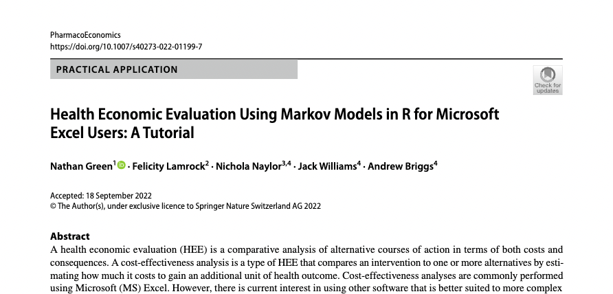 Unsure how to transition from Microsoft Excel to R for health #EconomicEvaluation?

Two 🆕 step-by-step guides designed for <a href="/msexcel/">Microsoft Excel</a> users demonstrate how to make the switch.

1⃣ Implementing a Markov model➡️ rdcu.be/cZaBq