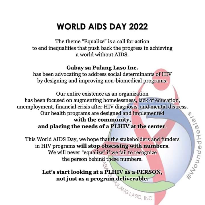 GPLI08's tweet photo. Gabay sa Pulang Laso's official statement for World AIDS Day 2022

#WAD2022
#Equalize
#SocialDeterminantsOfHIV
#EndAIDSbyAddressingSDH https://t.co/g8D5EKaD3f