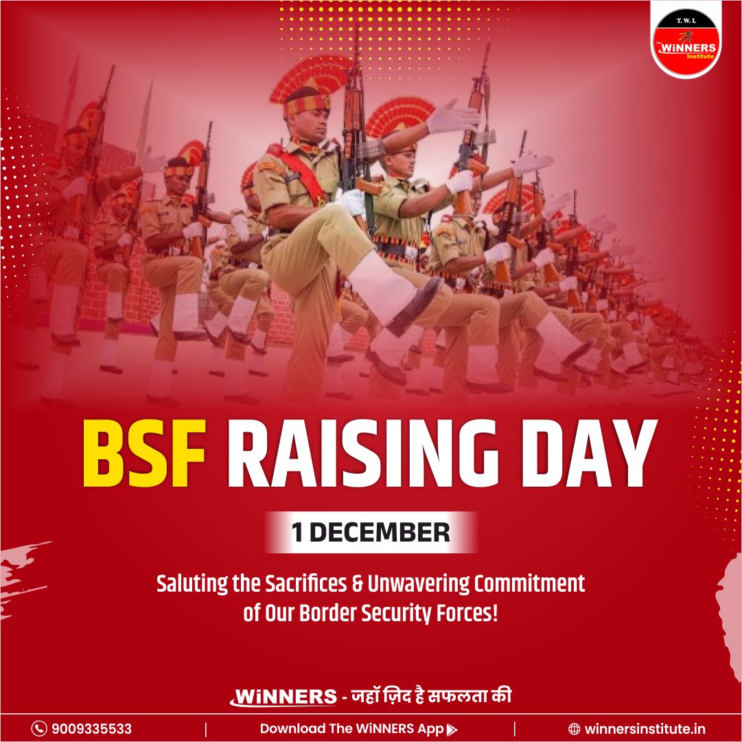 The_WiNNERS_Ins's tweet photo. #BSF_Raising_Day
बीएसएफ स्थापना दिवस

सीमा सुरक्षा बल (Border Security Force -  बीएसएफ, BSF) भारत का एक प्रमुख अर्धसैनिक बल है एवँ विश्व का सबसे बड़ा सीमा रक्षक बल है। जिसका गठन 1 दिसम्बर 1965 में हुआ था।
.
.
#thewinnersinstitute #mathsbyadityasir #01dec #bsf #indianarmy #crpf https://t.co/ULnikkgqPL