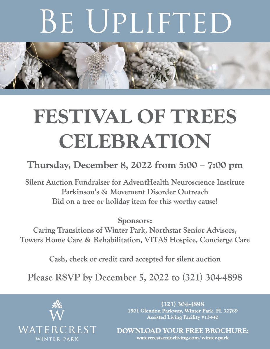 Join us Thursday, 12/8 at 5 pm ET for our annual Festival of Trees Celebration. 🎄

This fundraiser supports AdventHealth Neuroscience Institute Parkinson's &amp; Movement Disorder Outreach. ☺ So come on and join the silent auction fun! 💌

#WatercrestWinterPark #FestivalofTrees