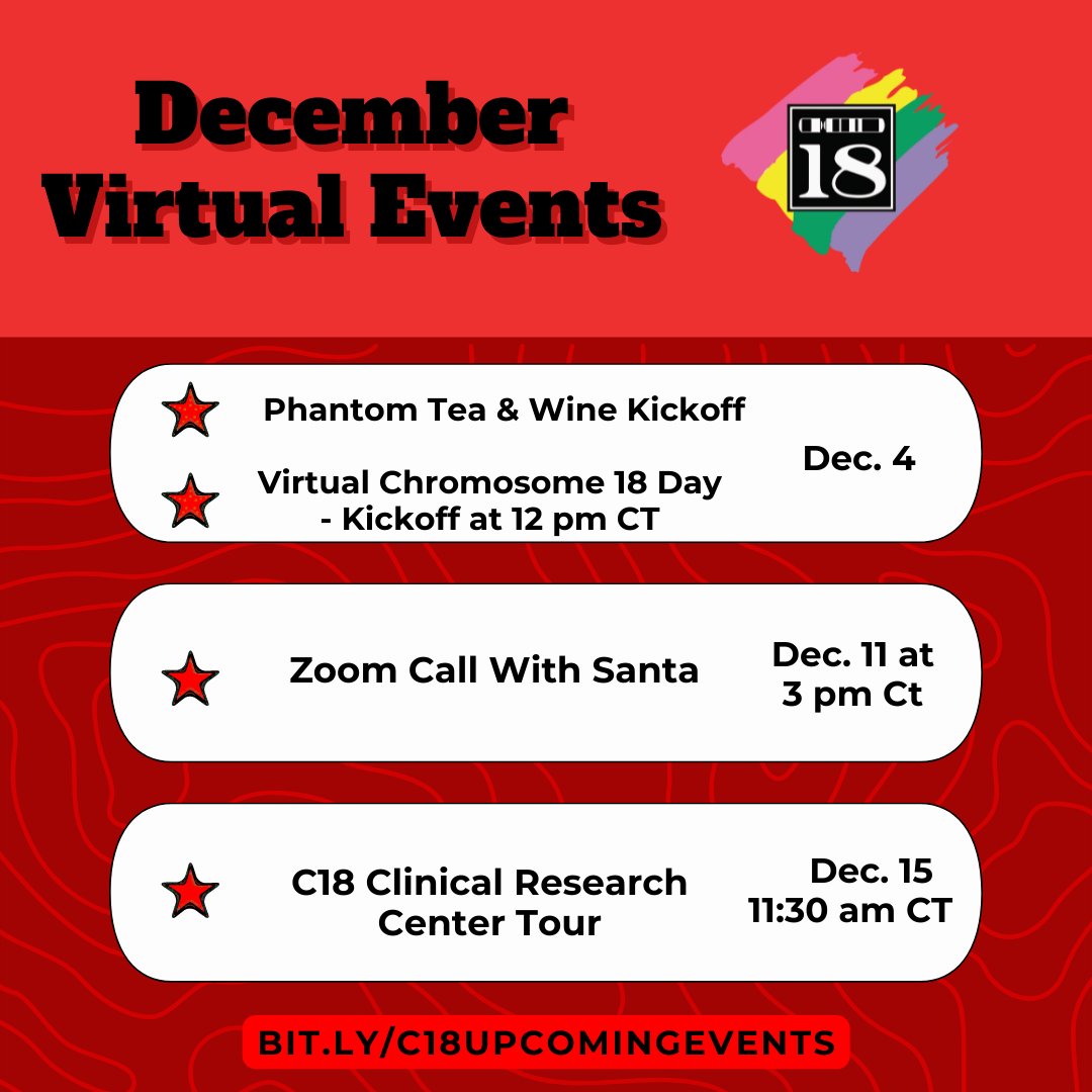 Ch18Registry (@chromosome18reg) on Twitter photo December Virtual Events:
Dec. 4: Phantom Tea & Wine Kickoff
Dec. 4 @ 12 pm CT: Virtual Chromosome 18 Day
Dec. 11 @ 3 pm CT: Zoom Call With Santa
Dec. 15 @ 11:30 am CT: C18 Clinical Research Tour
For more information: 
bit.ly/c18upcomingeve… December Virtual Events:
Dec. 4: Phantom Tea & Wine Kickoff
Dec. 4 @ 12 pm CT: Virtual Chromosome 18 Day
Dec. 11 @ 3 pm CT: Zoom Call With Santa
Dec. 15 @ 11:30 am CT: C18 Clinical Research Tour
For more information: 
bit.ly/c18upcomingeve…