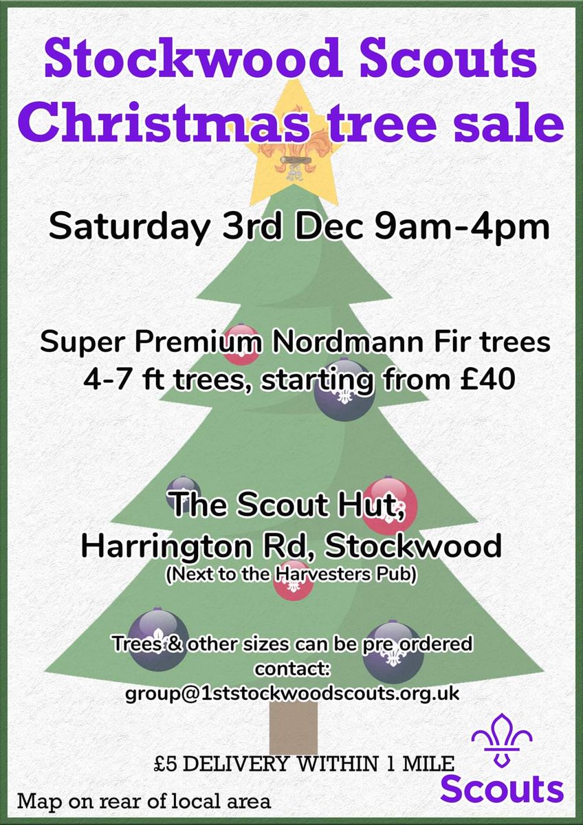 StockwoodScouts's tweet photo. Our Christmas Tree sale is on this Saturday for one day only. 
All proceeds to support Scouting in Stockwood!
See you from 9am!!! https://t.co/MI6Q6L1AMs