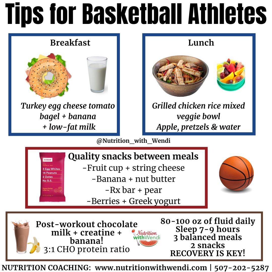 🗣️Attention #basketball players‼️
🏀Breakfast daily
🏀7-9 hrs. sleep/night
🏀Create &amp; stick to a routine
🏀80-100 oz of fluid daily
🏀3 balanced meals daily
🏀Protein + carbs + creatine post-training 
🏀Quality snacks between meals to prevent  fatigue, headaches &amp; muscle cramping