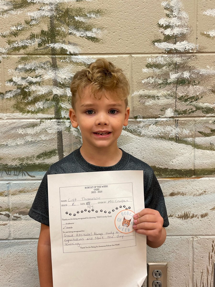 UnionGroveES17's tweet photo. Way to Go Colt! Colt has an amazing Bobcat Attitude and comes in every day ready to learn! Great Job! Keep up the great work! #UGESBOBCATS https://t.co/CgzWpDdj8h
