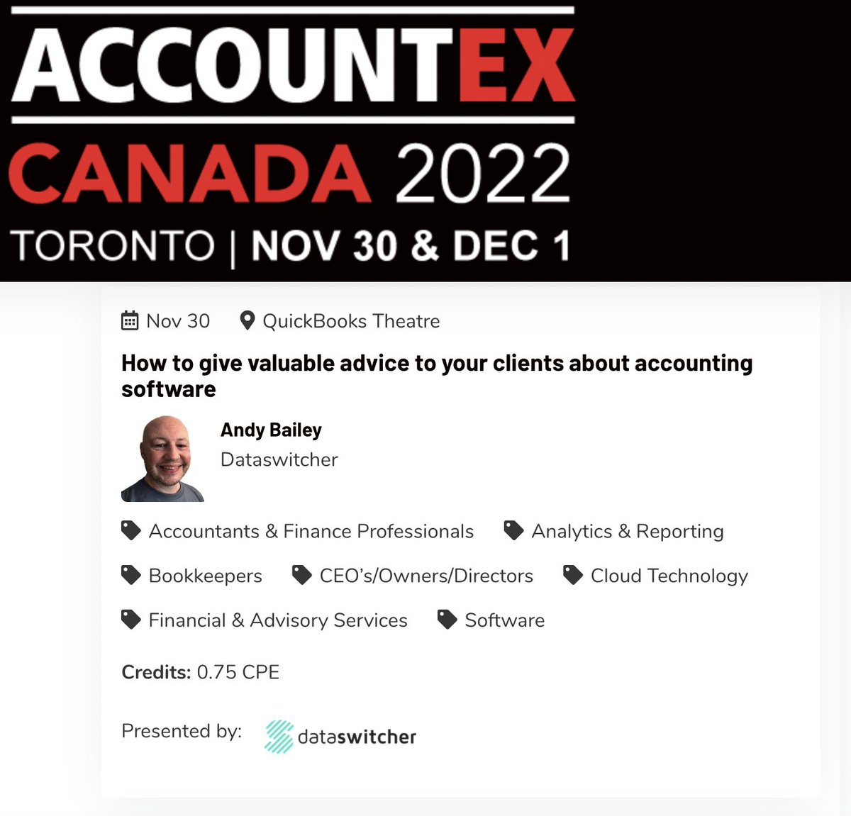 I'm speaking at <a href="/AccountexCanada/">AccountexCanada</a>  today at 1:30 on the Intuit <a href="/QuickBooksCA/">Intuit QuickBooks Canada</a> stage about advising your clients on business software. I'm looking forward to seeing you there! <a href="/Data_switcher/">Dataswitcher</a> #accountex