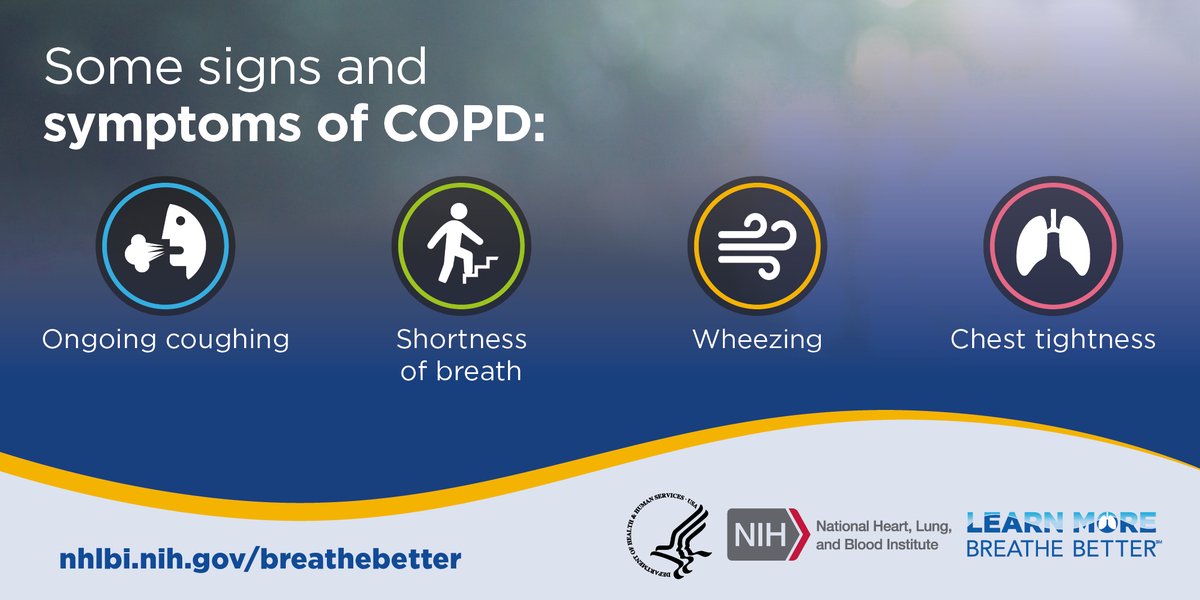 Ongoing cough, shortness of breath, wheezing, and chest tightness are all symptoms of COPD. Symptoms can start slowly, so pay attention to what your body is telling you. Learn more from @BreatheBetter: ecs.page.link/mPvP4 #BreatheBetter