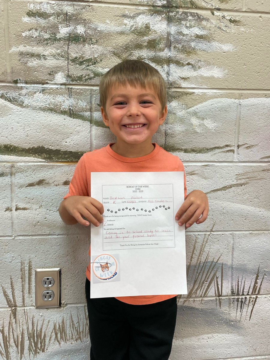 UnionGroveES17's tweet photo. What a Great Bobcat! Beckham shows his personal best everyday! So proud of him! Keep up the great work! #UGESBOBCATS https://t.co/HUYjsCRS9z