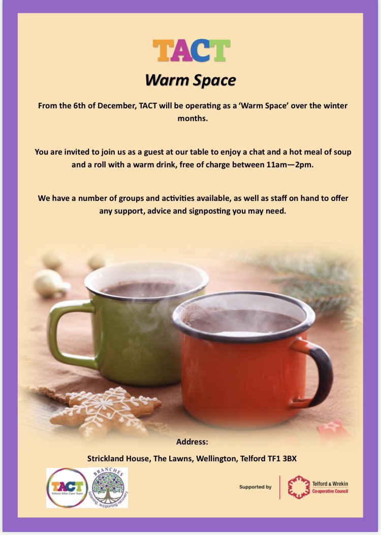 Another local organisation offering a warm space and even warmer welcome . <a href="/Brancheshub/">Branches Tact</a> are offering a warm meal and activities free of charge from 6th December . Please share to others who might be interested .