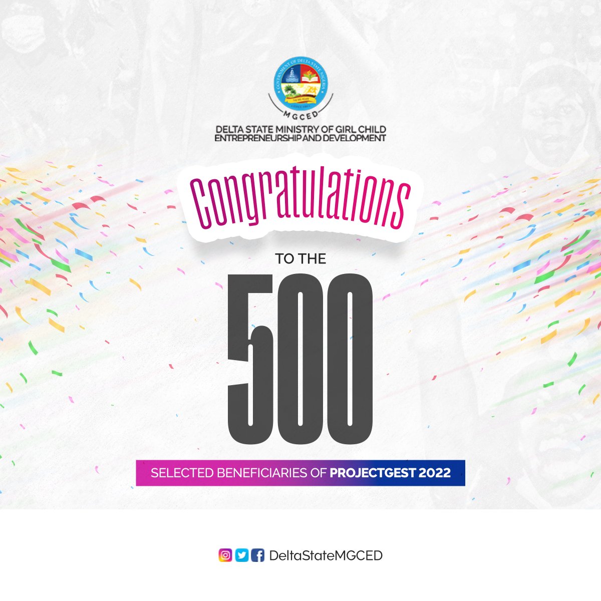Deltahagcd's tweet photo. After a rigorous selection process, the Delta State Ministry of Girl Child Entrepreneurship and Development is pleased to announce that 500 applicants have been selected to undergo a three-month training exercise under the #ProjectGEST 2022 Initiative. 

#DeltaStateMGCED https://t.co/X5gPqXzKHT