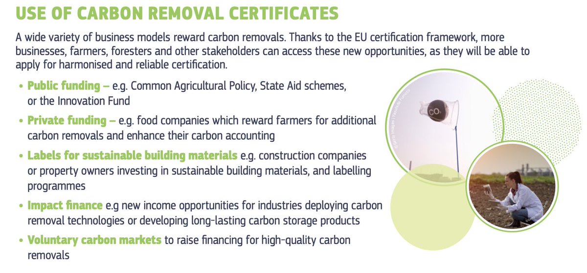 Pleased to see how the EU frames the uses of their carbon removal certificates, including a big role for PUBLIC funding (e.g. directed agricultural subsidies), rather than a sole focus on offsetting fossil fuel emissions (which only "permanent removals" are appropriate for).