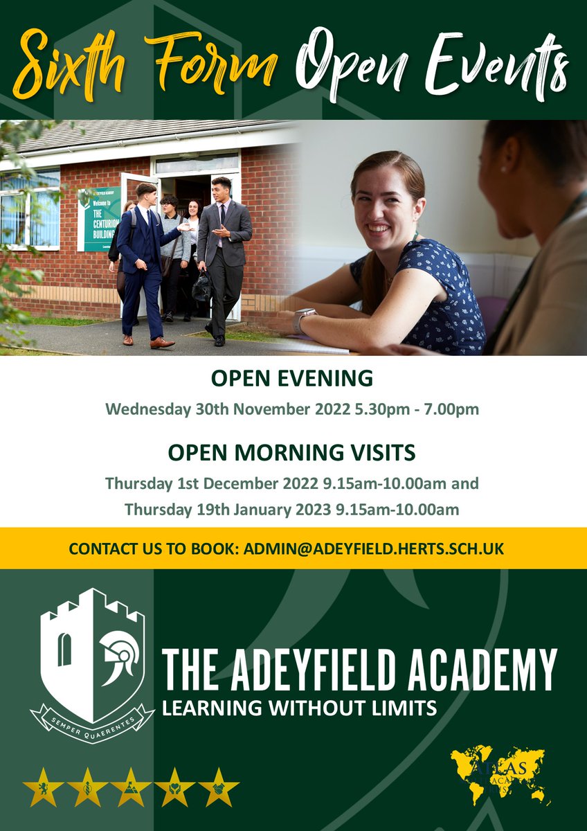 AdeyfieldSchool's tweet photo. We look forward to welcoming Year 11 students to our Sixth form Open Evening later today, we also have two follow up open mornings for those unable to attend.
#adeyfieldsixthform #keystage5 #year11 #BTEC #Alevels https://t.co/k26KgECZco