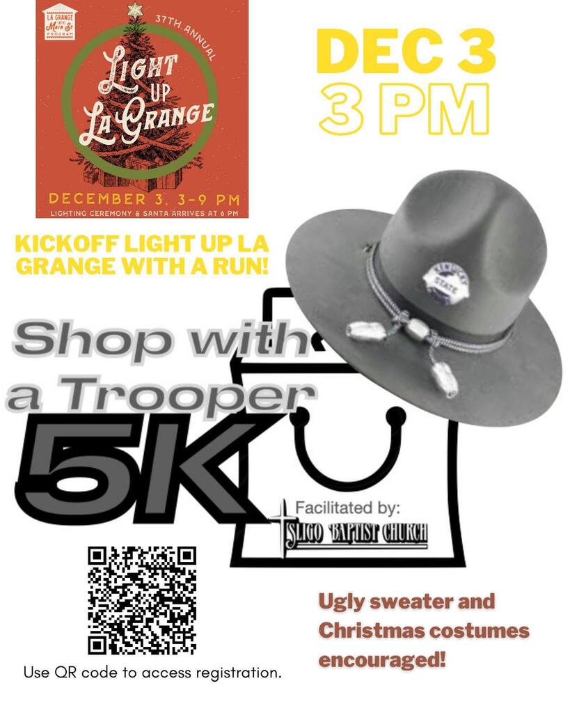 Sligo Baptist Church is facilitating a 5k run to kickoff the fun for Light Up La Grange!  The race starts on Main Street at 3pm. Click the QR code below for all the details. instagr.am/p/Cllg3QmqlWL/