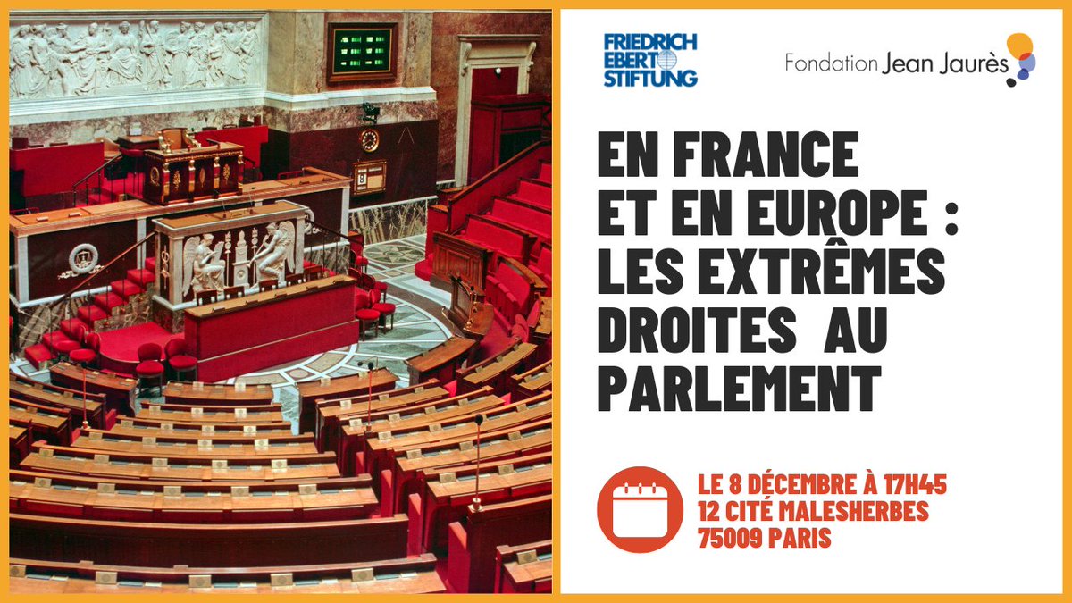 🔴🏛️ La Fondation et la @fes_paris organisent un débat sur l'extrême droite dans les différents parlements européens, notamment en 🇫🇷🇩🇪. Avec @A_Bristielle, @finchelstein, @aurora_minguez, @Valerie_Rabault, @UliGroetsch... 🗓️ Le 8/12 à 17h45 ✅ jean-jaures.org/agenda/en-fran…