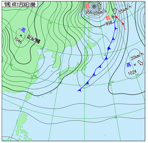Winter_Monsoon's tweet photo. 【11月30日概況】1046hPaなう。オホーツク海で低気圧が発達して西高東低冬型の気圧配置、北日本へ強い寒気団の出陣じゃ！筋状雲列部隊びっしりの日本海は久々じゃ、冬が始まるぞい！ https://t.co/hwcEKXkX6b