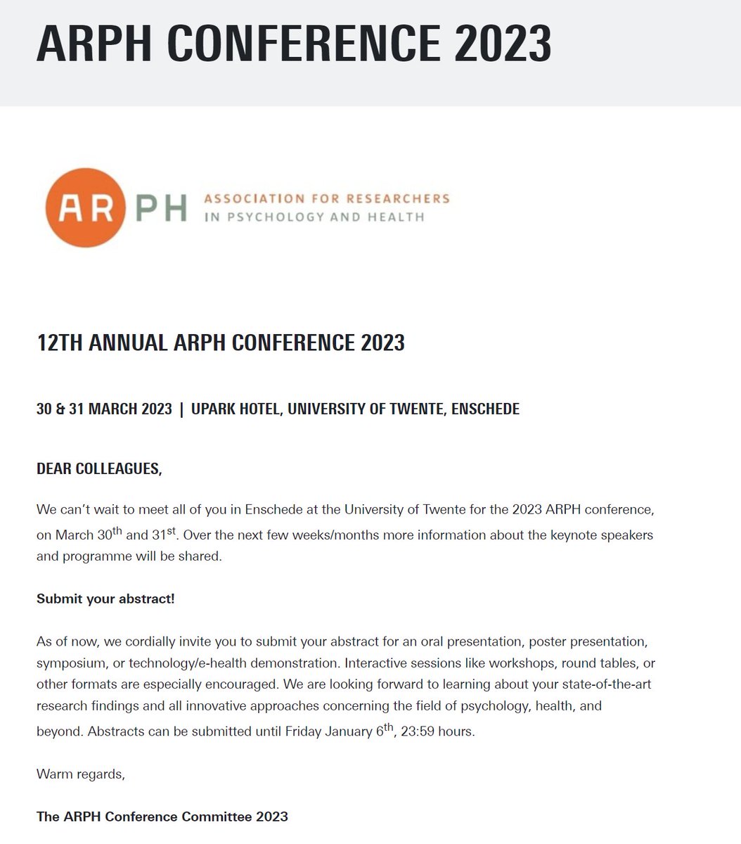 2023 ARPH conference in #Twente: #Abstract submission is open.

Submission deadline is January 8th 2023.

Check here for more info: utwente.nl/en/bms/arphcon…
