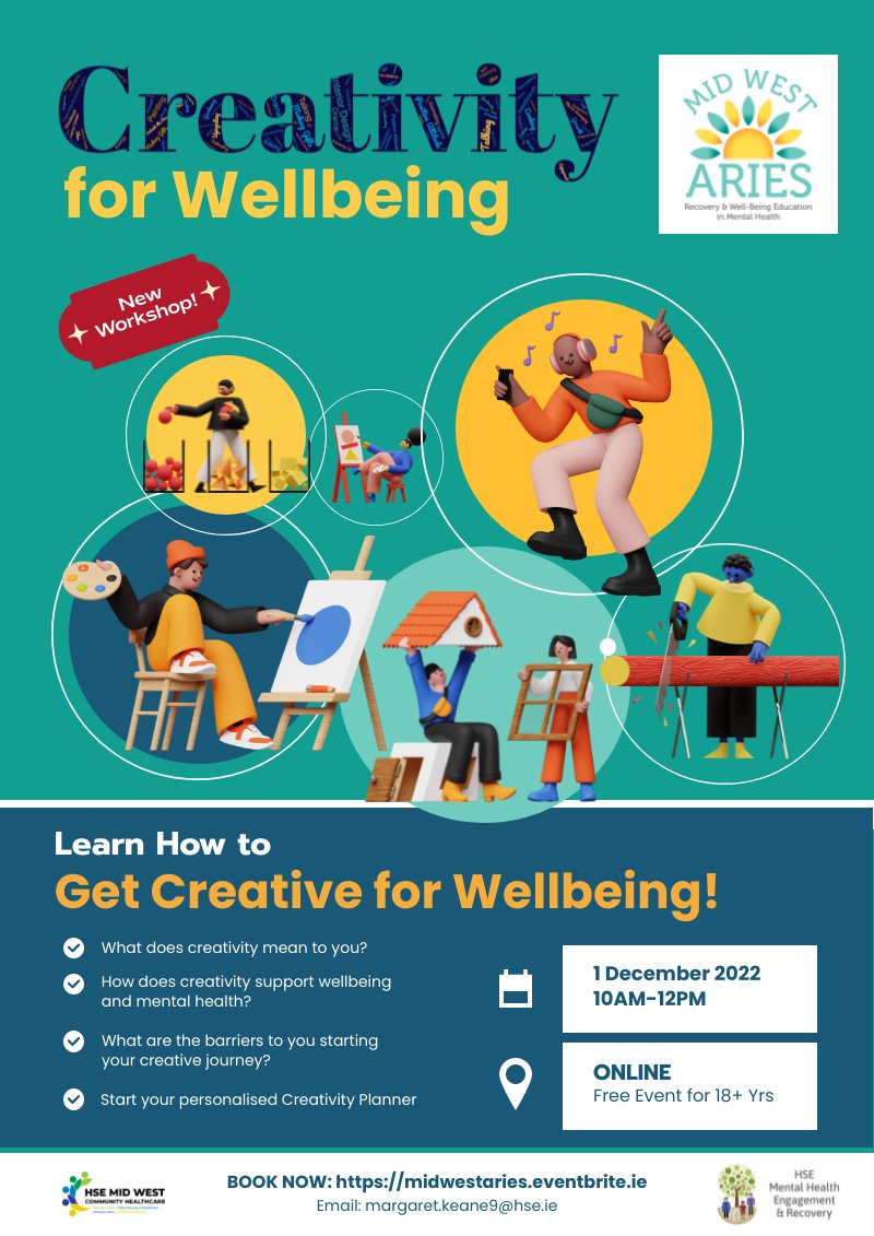 MidWestAries's tweet photo. Join us in December for a range of mental health &amp; #wellbeing workshops online. Tomorrow we're excited to deliver our brand new "Creativity for Wellbeing" workshop. Book at https://t.co/vNizxYU24U @CommHealthMW https://t.co/EERjQINkjD