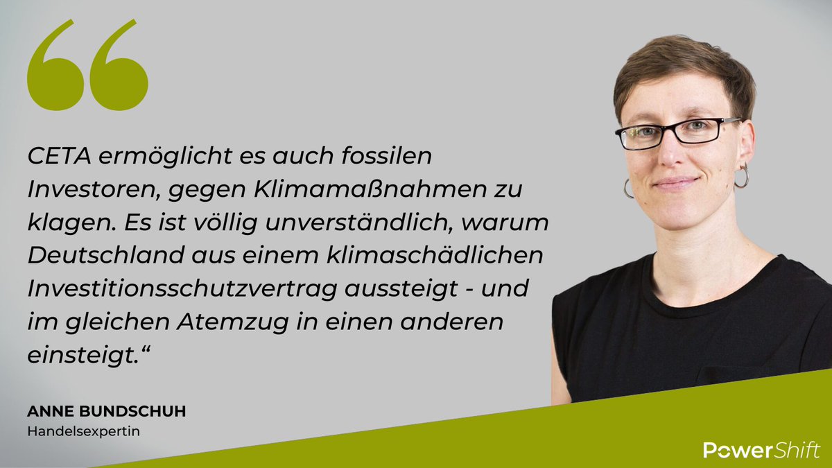 Aber: Der Vorrang für den #Klimaschutz muss auch bei anderen Handelsabkommen gelten. Ein entscheidender Schritt dabei ist, keine #Sonderklagerechte für Investoren zu schaffen. Die anstehende Ratifizierung von #CETA konterkariert die positiven Schritte beim #Energiecharta-Vertrag.