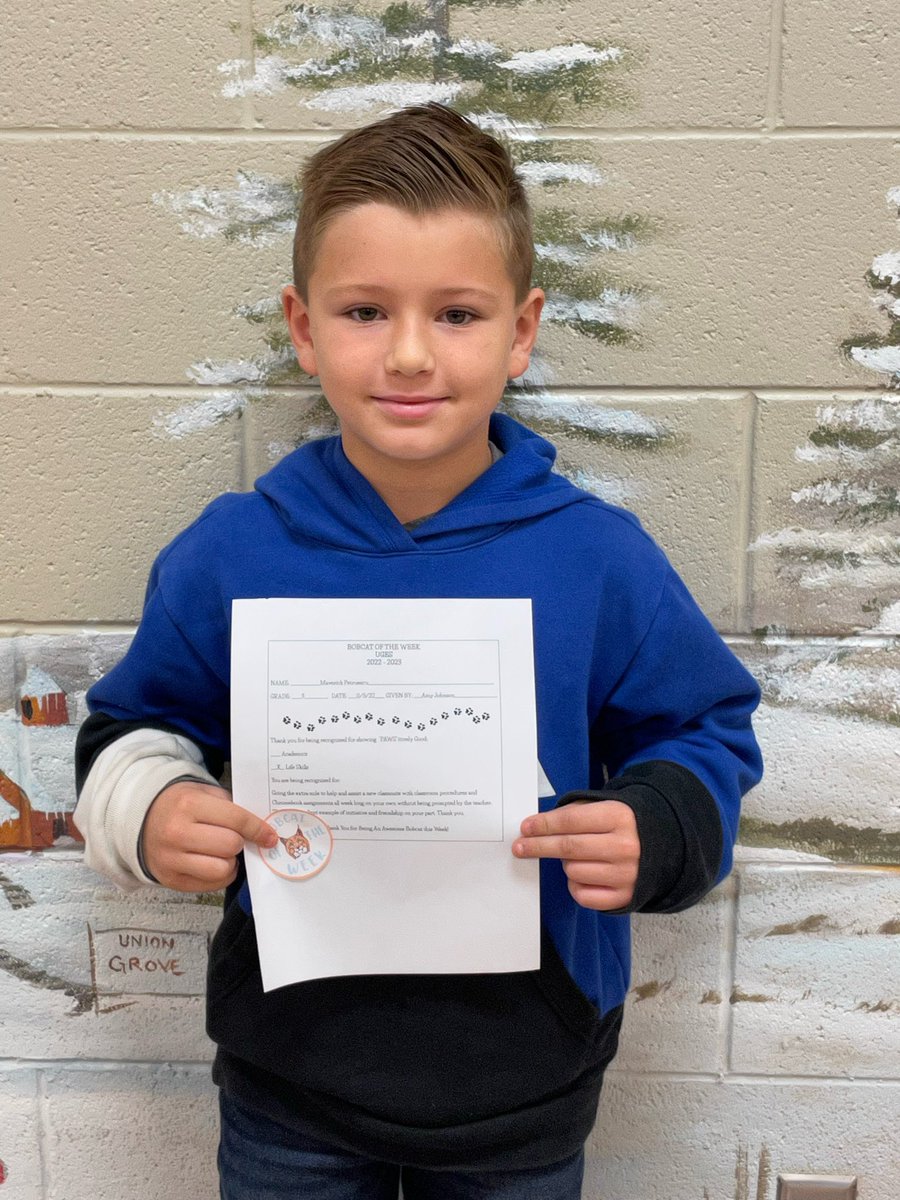 UnionGroveES17's tweet photo. Way to Go Maverick! Outstanding Bobcat Maverick goes that extra mile in the classroom every day! So proud of all he does! #UGESBOBCATS https://t.co/oRux2vIVuw
