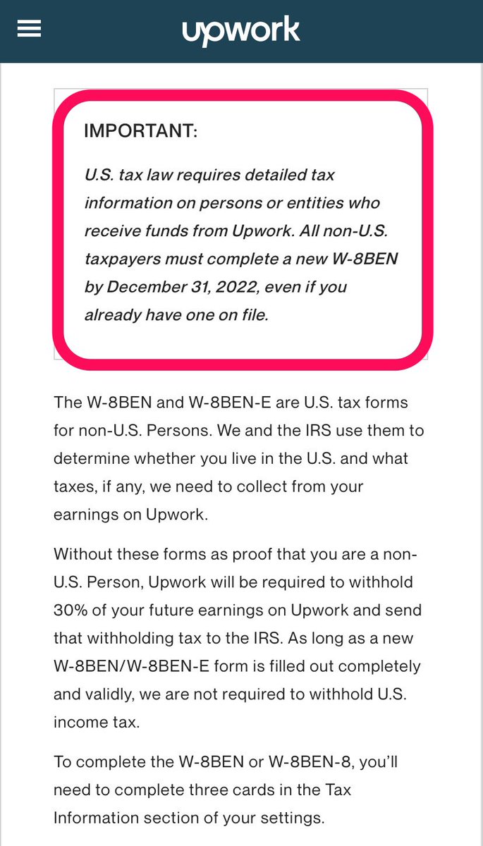 Gbenga Adebiyi (@gbengabiyi) on Twitter photo UPWORK’s TAX UPDATE FOR FREELANCERS 
This update happened yesterday,
UPWORK sent a message yesterday to all freelancers (especially if you are NON USA)
Here’s what you need to do to avoid a PAUSE to your withdrawals 👇🏽 UPWORK’s TAX UPDATE FOR FREELANCERS 
This update happened yesterday,
UPWORK sent a message yesterday to all freelancers (especially if you are NON USA)
Here’s what you need to do to avoid a PAUSE to your withdrawals 👇🏽