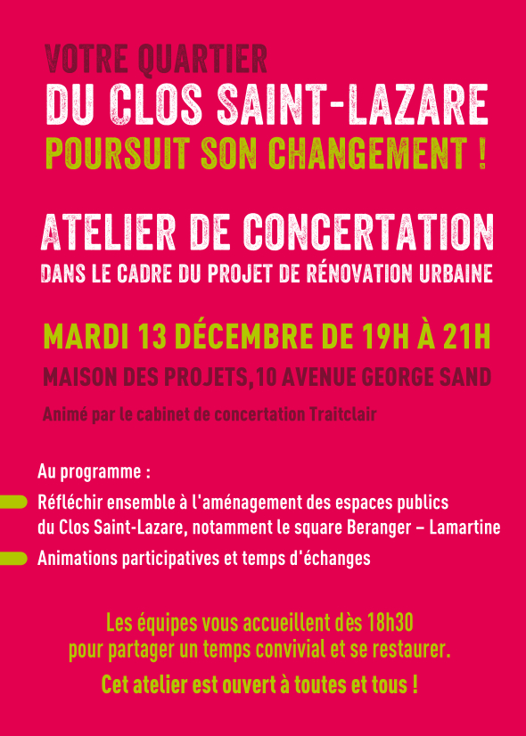VilledeStains's tweet image. LE CLOS SAINT-LAZARE SE TRANSFORME 🔁
Stains et @PlaineCommune améliorent votre quartier.

Rendez-vous à l'atelier de concertation le 13 décembre de 19h à 21h à la maison des projets, 10 avenue George Sand.

Retrouvez l'actualité sur le site de la ville 👇
stains.fr/evenements/le-…