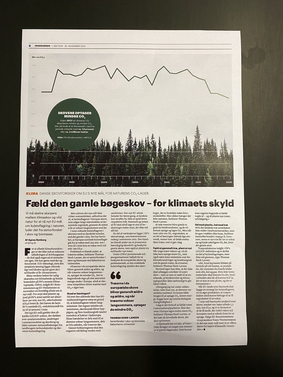 Tak til @Thomas Nord-Larsen fra <a href="/koebenhavns_uni/">Københavns Uni</a> for at slå fast i <a href="/ingdk/">Ingeniøren</a>, at det er godt for biodiversiteten at lade træer blive gamle, men at hvis vi vil sætte turbo på fotosyntesens CO2-støvsuger, skal vi fælde endnu flere træer og selvfølgelig plante nye #dkklima #dkpol