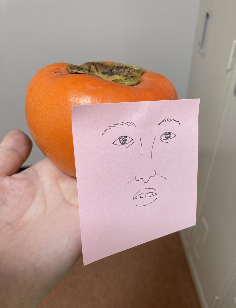 柿をいただいたので顔を貼って代理ちゃんを作ろうと思いました、なぜか単眼ちゃんになりました 
