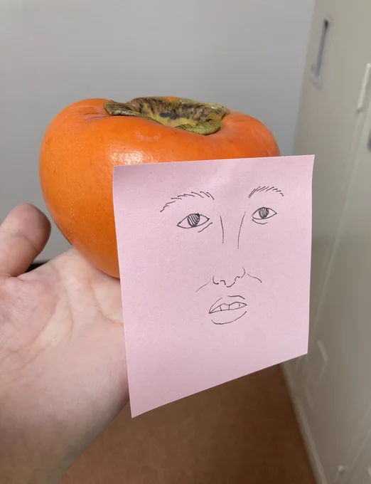 柿をいただいたので顔を貼って代理ちゃんを作ろうと思いました、なぜか単眼ちゃんになりました 