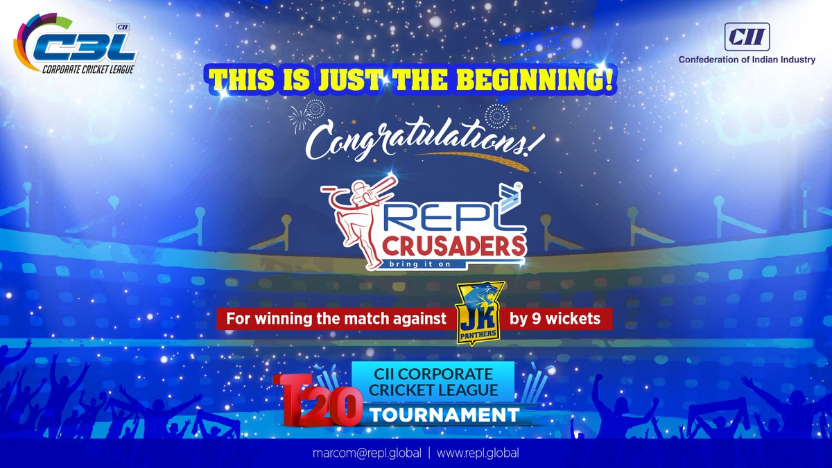 REPL_India's tweet photo. Congratulations! REPL Crusaders won Match by 9 wickets to JK Panthers on 30th Nov in CII Corporate Cricket League 2022. Mr. Shivansh Sharma and Mr. Aditya Yadav played a really strong innings.
@cii4nr @FollowCII
#T20Tournamen #Victory #C3L #CII #REPLCRUSADERS #REPL https://t.co/epz7TX2Z2B
